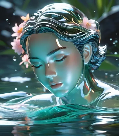 close up glasssculpture of a woman bathing in a river, translucent, transparent, reflections. cgsociety masterpiece, flowers everywhere, artstation trending, by rossdraws, ghibli, Kimi no Na wa, greg rutkowski
<lora:sdxl_glass:1>