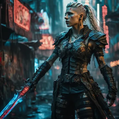 (cyberpunk:1.3) (Lagertha from Vikings) re-imagined as a (cyborg:1.2) with (extensive cybernetic implants:1.2), (wielding huge sword:1.3),(wearing complex futuristic high tech exotically decorated armor), (blood splattered everywhere:1.3), beautiful colors, (great composition), (cinematic view), (anime in the style of vampire hunter D: bloodlust), highly stylized, high contrast, (sprawling cyberpunk city background), sharp focus, (exquisite details), (extreme level of details), (punk rock aesthetics:1.2), (heavy metal:1.2), (incredibly photorealistic), (amazing realism), 8k, (diffused light), (exposure blend:1.2), award-winning, official art, (black, chrome, blue and red colors), (fine embroideries), (intricate parts)