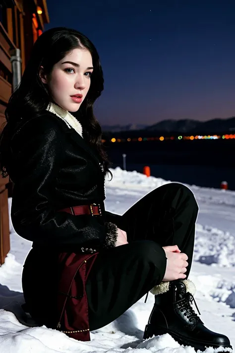 tv_Evelyn_Claire_PS, , sad expression, wearing a winter coat, wearing winter pants, wearing winter boots, sitting on a rock by a frozen mountain lake, midnight, moonlight, shot from the side,,