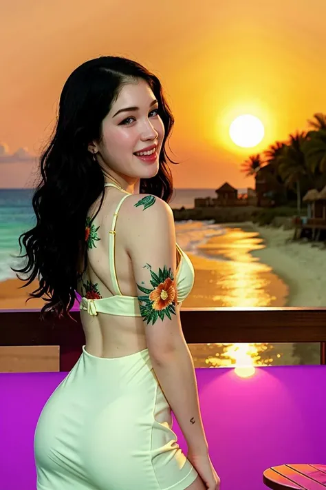 tv_Evelyn_Claire_PS, , laughing expression, wearing a summer dress, standing at a beach bar, tropical resort, colorful cocktails, golden hour,,