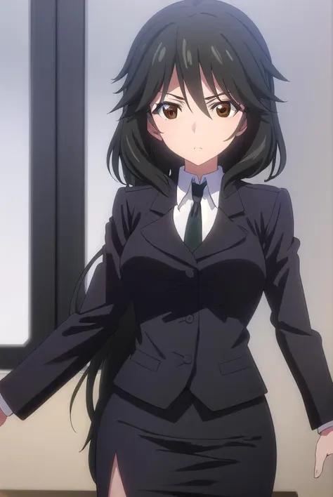 chifuyuorimura, <lora:chifuyu orimura s2-lora-nochekaiser:1>,
chifuyu orimura, long hair, bangs, black hair, hair between eyes, (brown eyes:1.3),
BREAK skirt, shirt, long sleeves, jacket, white shirt, necktie, black skirt, black jacket, formal, suit, black necktie, pencil skirt, skirt suit,
BREAK indoors, classroom,
BREAK looking at viewer, (cowboy shot:1.5),
BREAK <lyco:GoodHands-beta2:1>, (masterpiece:1.2), best quality, high resolution, unity 8k wallpaper, (illustration:0.8), (beautiful detailed eyes:1.6), extremely detailed face, perfect lighting, extremely detailed CG, (perfect hands, perfect anatomy),