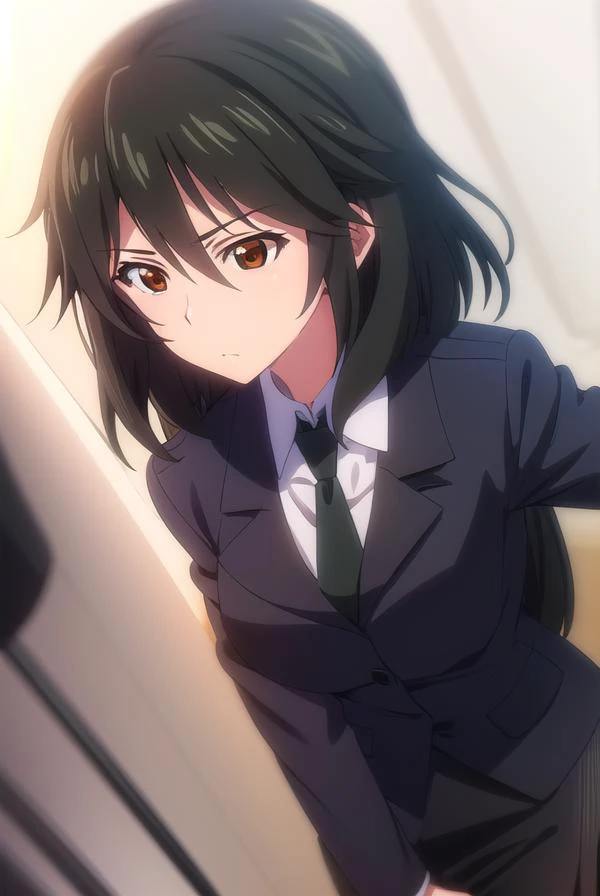 chifuyuorimura, <lora:chifuyu orimura s2-lora-nochekaiser:1>,
chifuyu orimura, long hair, bangs, black hair, hair between eyes, (brown eyes:1.3),
BREAK skirt, shirt, long sleeves, jacket, white shirt, necktie, black skirt, black jacket, formal, suit, black necktie, pencil skirt, skirt suit,
BREAK indoors, classroom,
BREAK looking at viewer, (cowboy shot:1.5),
BREAK <lyco:GoodHands-beta2:1>, (masterpiece:1.2), best quality, high resolution, unity 8k wallpaper, (illustration:0.8), (beautiful detailed eyes:1.6), extremely detailed face, perfect lighting, extremely detailed CG, (perfect hands, perfect anatomy),