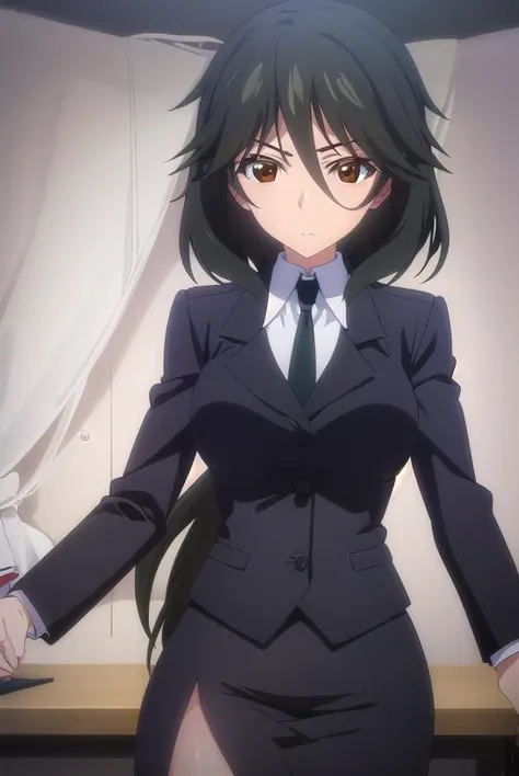 chifuyuorimura, <lora:chifuyu orimura s2-lora-nochekaiser:1>,
chifuyu orimura, long hair, bangs, black hair, hair between eyes, (brown eyes:1.3),
BREAK skirt, shirt, long sleeves, jacket, white shirt, necktie, black skirt, black jacket, formal, suit, black necktie, pencil skirt, skirt suit,
BREAK indoors, classroom,
BREAK looking at viewer, (cowboy shot:1.5),
BREAK <lyco:GoodHands-beta2:1>, (masterpiece:1.2), best quality, high resolution, unity 8k wallpaper, (illustration:0.8), (beautiful detailed eyes:1.6), extremely detailed face, perfect lighting, extremely detailed CG, (perfect hands, perfect anatomy),