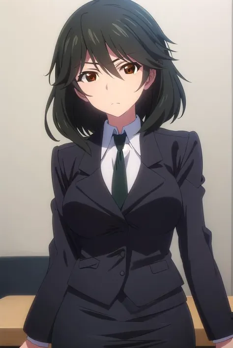 chifuyuorimura, <lora:chifuyu orimura s2-lora-nochekaiser:1>,
chifuyu orimura, long hair, bangs, black hair, hair between eyes, (brown eyes:1.3),
BREAK skirt, shirt, long sleeves, jacket, white shirt, necktie, black skirt, black jacket, formal, suit, black necktie, pencil skirt, skirt suit,
BREAK indoors, classroom,
BREAK looking at viewer, (cowboy shot:1.5),
BREAK <lyco:GoodHands-beta2:1>, (masterpiece:1.2), best quality, high resolution, unity 8k wallpaper, (illustration:0.8), (beautiful detailed eyes:1.6), extremely detailed face, perfect lighting, extremely detailed CG, (perfect hands, perfect anatomy),