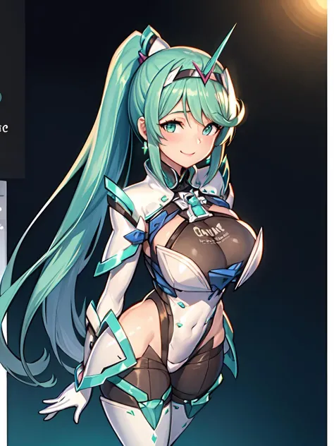 (extremely detailed CG), (best quality), 1girl, perfect face,  shiny skin, lustrous skin, wide , narrow waist,   <lora:PneumaBlade-10:0.8> PneumaBlade, hair ornament,gem,headpiece,high heels,armor, full body,gloves,  jewel, green eyes, very long hair, earrings, large breast,ponytail, jewelry, tiara,swept bangs, bangs, green hair, long hair, upper body, smile, portrait