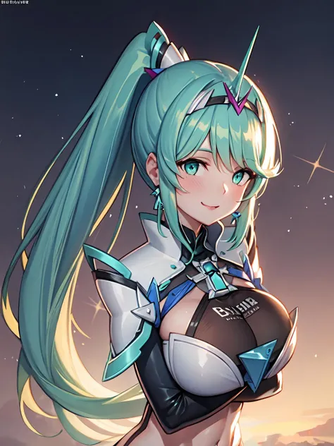 (extremely detailed CG), (best quality), 1girl, perfect face,  shiny skin, lustrous skin, wide , narrow waist,   <lora:PneumaBlade-10:0.8> PneumaBlade, hair ornament,gem,headpiece,high heels,armor, full body,gloves,  jewel, green eyes, very long hair, earrings, large breast,ponytail, jewelry, tiara,swept bangs, bangs, green hair, long hair, upper body, smile, portrait