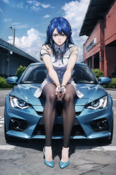 voluptuous, blue hair, red eyestank top, sleeveless, very short jeans, messy hair, (((hands on the ground, on all fours))), (((chain leash, viewer holding chain leash, animal collar, animal collar connected chain leash))), full face blush, smile, very long hair, large breasts, cleavage, back hair, sexual ecstasy smile, (((Lal Mirch))), 1girl, solo, 