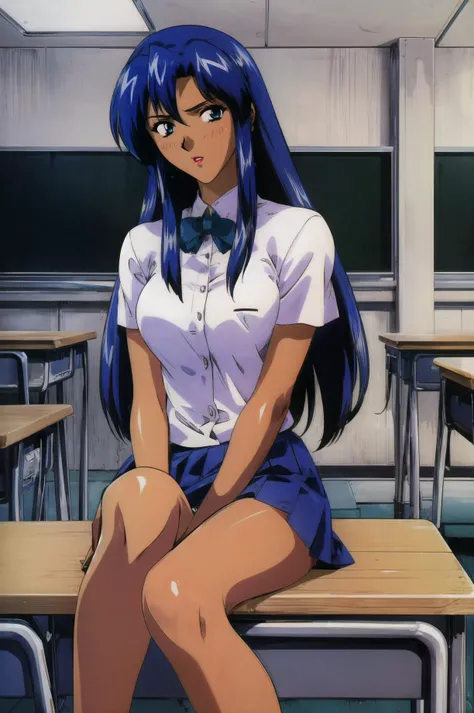 masterpiece, best quality, 1girl, looking at viewer, ultra detailed, <lora:add_detail:0.5>, <lora:Saika_FW:0.5> , blue hair, blue eyes, long hair, lipstick, dark-skinned female, earrings, <lora:aika_style_FW:0.7> , school uniform, classroom, blush, pleated skirt,