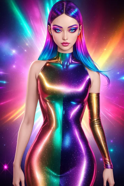 alta qualidade, master part, (Realistic, photo-realistic:1.2) ,High definition, ultra detalhado, Foto RAW,fcRetrato, Mulher pequena, Every feature of her bathed in the playful glow of a pink color scheme, cativante e hipnotizante, ((Vestido Bodycon adornado com tons iridescentes, refletindo a luz em uma tela deslumbrante, Holographic gems delicately reflecting a rainbow of colors, slender choker adding a touch of elegance)), cintilante com tons brilhantes combinando com o esquema holo, holographic makeup adorning her eyes and lips, brilho cintilante do corpo em seu peito e decote, Ondas elegantes de cabelos ruivos, cintilante com tons brilhantes, Raver-infused environment, magnetic presence exuding grace, confidence, and a unique allure that captures all attention, ((fundo rave, luzes laser, dentro)), ((Dancing, sorridente)), dynamic pose, Dynamic angle,olhos brilhantes,Cinematic Shot,cores vibrantes,cores lindas,Dynamic Action Pose,