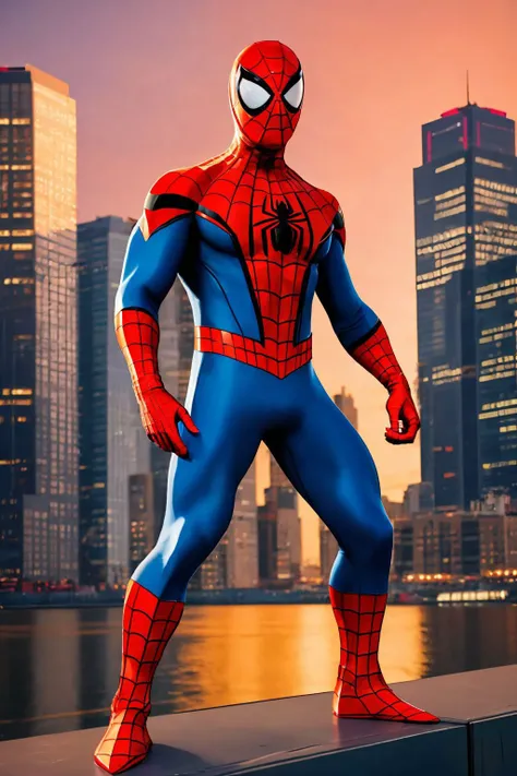 masterpiece, best quality, spider-man costume, mask, 1boy, standing, new york background <lora:Spider-Man Costume_v1:1>