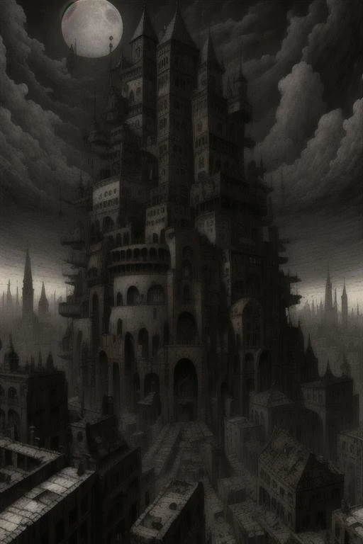 (from above, aerial view) gloomy dystopian (StackedCityAI:0.5) cityscape, sprawling (hive city:1.1), (city 17), HL2 concept art, moon, polluted industrial urban sprawl, overpopulation, Imperial hive world Necromunda, (Dredd:0.6), scifi baroque neogothic Warhammer 40k style architecture, (warhammer-40k-drawing-style:1.1) john-blanche, ( dystopia style:0.5), best quality, masterpiece, 8k wallpaper, huge filesize, highres, absurdres, <lora:HL2Beta001:0.5>, paradise lost, gustave dore <lora:Paradise_Lost_Gustave_Dore-V1.0-st_LoRa:0.3>, Hive City Primus rising up out of the ash wastes, (gothicpunk:0.3), overcast, <lora:StackedCityAI:1.0>