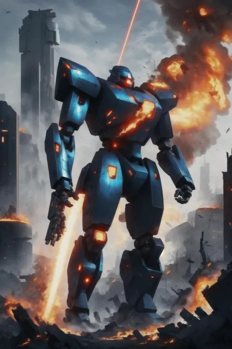 masterpiece, best quality, mecha, no humans, black armor, blue eyes, science fiction, fire, laser canon beam, war, conflict, destroyed city background
