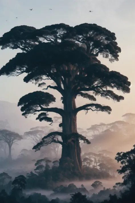 ancient giant tree in the deep jungle, birds in the branches, fog at dawn, beautiful scenery