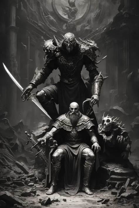 A dying God stands on the corpse of mankind with a One Handed Sword in his hand, Blizzard, Stifled cries, Menacing,Desolation,Ghoulish, Anxiety,Numbness, Ouroboros, Impasto, Asymmetry, Analogous, in the style of Francisco Goya, ultra detailed, intricate, surrealism, oil on canvas, dry brush, ,<lora:Weapon:1>