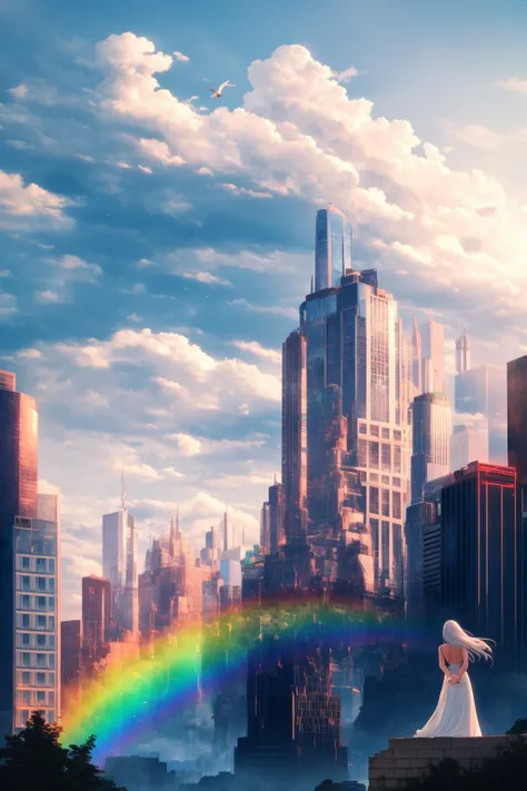 cityscape, city, cloud, scenery, skyscraper, building, cloudy sky, sky, long hair, from behind, outdoors, bird, ruins, 1girl, sunlight, tower, facing away, city lights, green hair, water, sunbeam, light rays, bridge, post-apocalypse, tree, backpack, very long hair, lens flare, knee boots, mountain, river, waterfall, white hair, solo, weapon, skyline, rainbow, neon trim