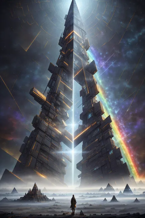 <lora:FuturisticScape-V3:1>, Fractals, Spectral sails catch cosmic winds on an infinite sea of dark matter, Rainbow, , (Pavel Tchelitchew,Kathe Kollwitz:1.25), Ticking clock,Chains,Door ajar, Tenebrous,Mangled,Bleak, (Triadic:1.1), (Negative Space:1.1), (Resist techniques:1.1), (Diffused light:1.2), Stone, Pyramid, ultra detailed, intricate, oil on canvas, dry brush, (surrealism:1.1), (disturbing:1.1), fcPortrait