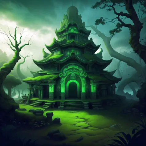 (masterpiece:1.2), (best quality:1.2), highres, extremly detailed, landscape , detailed, intricate, <lora:CeltPunkAI:0.95>, CeltPunkAI, detailed, intricate, temple, dark, jungle, night, green glow, green magic, glowing from the inside, dark outside