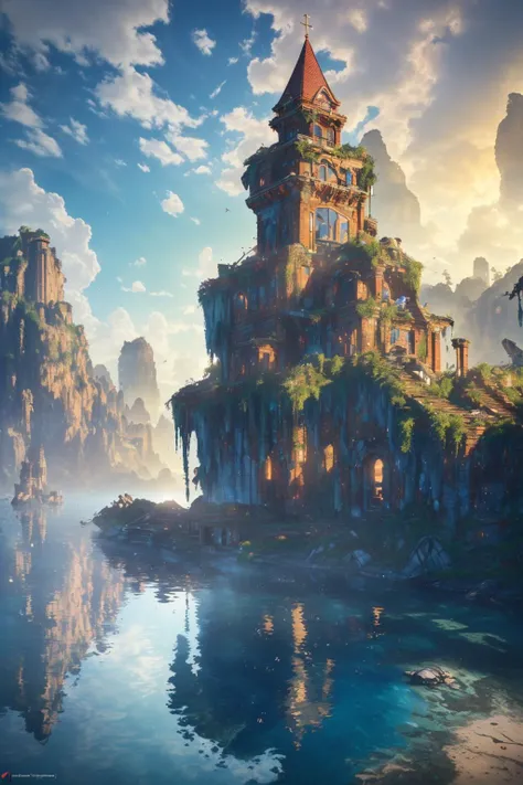 (8k, RAW photo, best quality, masterpiece:1.2), (realistic, photo-realistic:1.37), octane render, ultra high res, ultra-detailed , professional lighting, photon mapping, radiosity, physically-based rendering, ue5, ((island sanctuary)), ((ancient fallen kingdom)), ((reflections in water)), ((raytracing)), ((drowned city))