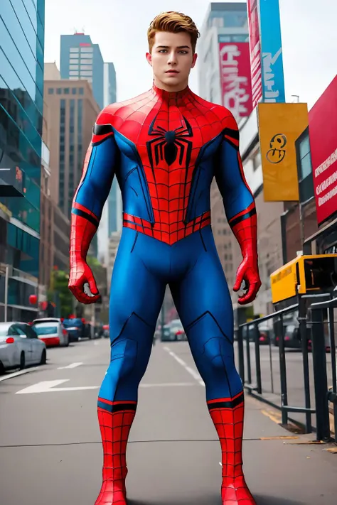 masterpiece, best quality, spider-man costume, nomask, 1boy, blonde hair, blue eyes, standing, new york background <lora:Spider-Man Costume_v1:1>