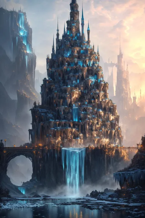 water, waterfall, ice, crystal, gold, gems, (masterpiece), futuristic cityscape, street view, (decrepit scenery), megastructures, intricate detail, (art by [Bastien Lecouffe-Deharme|Caspar David Friedrich ]:1.2), (unreal engine render, photorealistic painting, photorealistic:1.2), (mysterious)