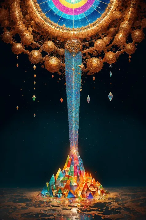 crystal, gold, gems, Fractals, Spectral sails catch cosmic winds on an infinite sea of dark matter, Rainbow, , (Pavel Tchelitchew,Kathe Kollwitz:1.25), Ticking clock,Chains,Door ajar, Tenebrous,Mangled,Bleak, (Triadic:1.1), (Negative Space:1.1), (Resist techniques:1.1), (Diffused light:1.2), Stone, Pyramid, ultra detailed, intricate, oil on canvas, dry brush, (surrealism:1.1), (disturbing:1.1), fcPortrait