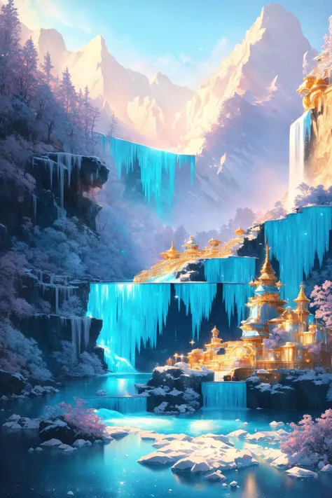 water, waterfall, ice, crystal, gold, gems, A highly detailed anime illustration, landscape, vintage, dreamy, drawing, trending on artstation, UHD, (((by Quentin de Warren))):1.8, atmosphere, luminosity