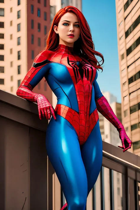 masterpiece, best quality, spider-man costume, nomask, 1girl, red hair, green eyes, standing, new york background <lora:Spider-Man Costume_v1:1>