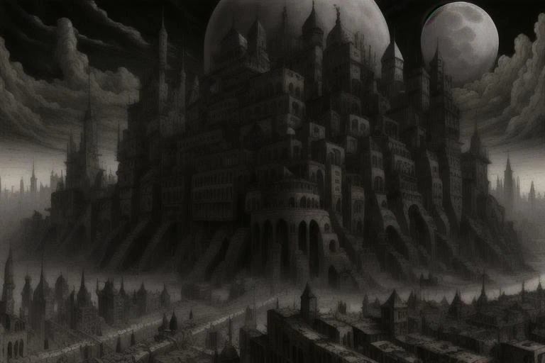 (from above, aerial view) gloomy dystopian (StackedCityAI:0.5) cityscape, sprawling (hive city:1.1), (city 17), HL2 concept art, moon, polluted industrial urban sprawl, overpopulation, Imperial hive world Necromunda, (Dredd:0.6), scifi baroque neogothic Warhammer 40k style architecture, (warhammer-40k-drawing-style:1.1) john-blanche, ( dystopia style:0.5), best quality, masterpiece, 8k wallpaper, huge filesize, highres, absurdres, <lora:HL2Beta001:0.5>, paradise lost, gustave dore <lora:Paradise_Lost_Gustave_Dore-V1.0-st_LoRa:0.3>, Hive City Primus rising up out of the ash wastes, (gothicpunk:0.3), overcast, <lora:StackedCityAI:1.0>