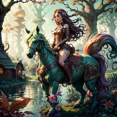 concept art , rtNoveauAI, <lora:artnouveauai_v10:0.75>, chibi <lora:blindbox_V1:0.2>, 1girl, super long hair, rainbow color, centaur,<lora:centaurConcept_V1:0.5>, tree, flower, water, fire,