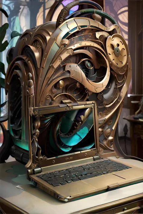 <lora:artnouveauai:0.8>, artnouveauai laptop computer, <lora:detailslider:0.5> || dress, wood, artnouveau, masterpiece, 8k, high resolution, shallow depth of field, sharp focus