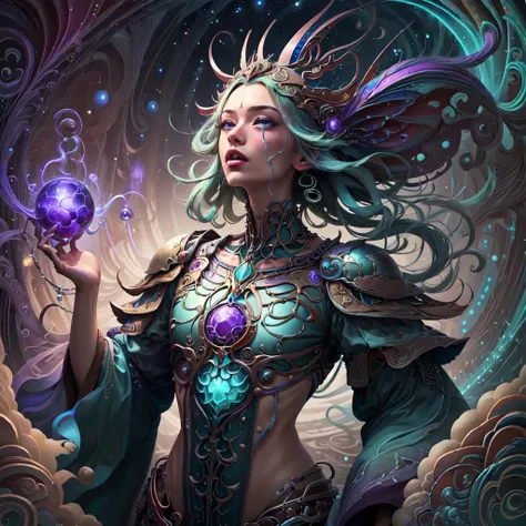 ((Best quality, 8k, Masterpiece :1.3)) beautiful woman: 1.3, beautiful face, woman connected to another woman, whole body, saturated colors, psychedelic image, LSD, mandala, fractral, costume, tattoo, painted body, wedding outfit, body leaning forward, art similar to Alex Grey's art, lots of color saturation, vortex, ultra realistic, planet earth, galaxy, with lots of lighting,  shading and contrast, RPG, mage, realistic eyes, green iris, 3D depth, royal costumes