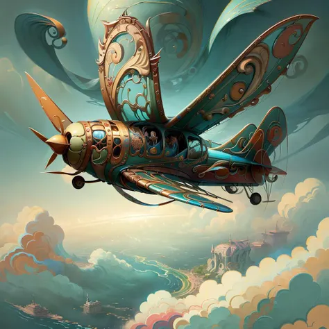 Naked girl on dragonfly looking aeroplane steampunk futuristic style