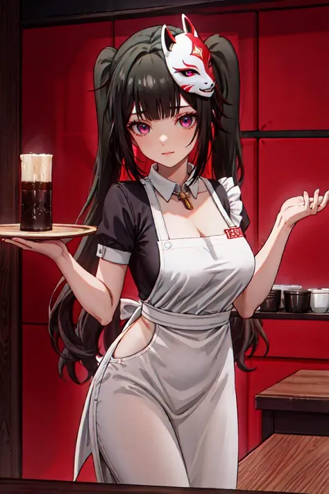 <lora:Char-HonkaiSR-Sparkle-V1:0.8>,sparkle \(honkai: star rail\), twintails, long hair, hair ornament, mask on head, pink eyes, black hair,
1girl, solo, cowboy shot,waitress, apron, pantyhose,staff_trays,indoors, restaurant,
<lora:hyperdetailer_v095:0.6>, <lora:outline:0.3>, <lora:AGM-a1:0.8>, <lora:Kaguya_Style-11:0.8>, weird atmosphere, (best quality:1.1), (masterpiece:1.2), high quality shadow, beautiful detailed, (high detailed skin, skin details), (wide_landscape, 8k), beautiful face, detailed eyes, depth of field, dramatic light, best quality, highres, best shadow, best illumination,<lora:ButtCrack:1.0><lora:ButtCrack:1.0><lora:ButtCrack:1.0>