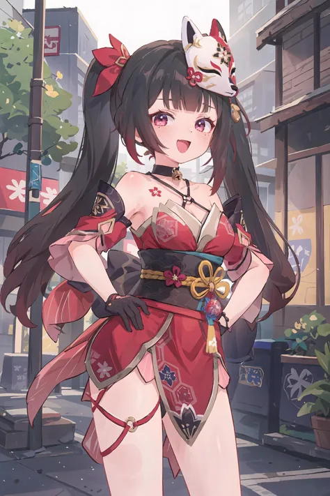 1girl, sparkle \(honkai: star rail\), twintails, hair ornament, solo, off shoulder kimono, mask on head, detached sleeves, choker, obi, single glove, wristband, criss-cross halter, thigh strap, cowboy shot, standing, japanese street, outdoors, depth of field, smug, open mouth, hands on hip, <lora:face-Smug:0.9>, looking at viewer