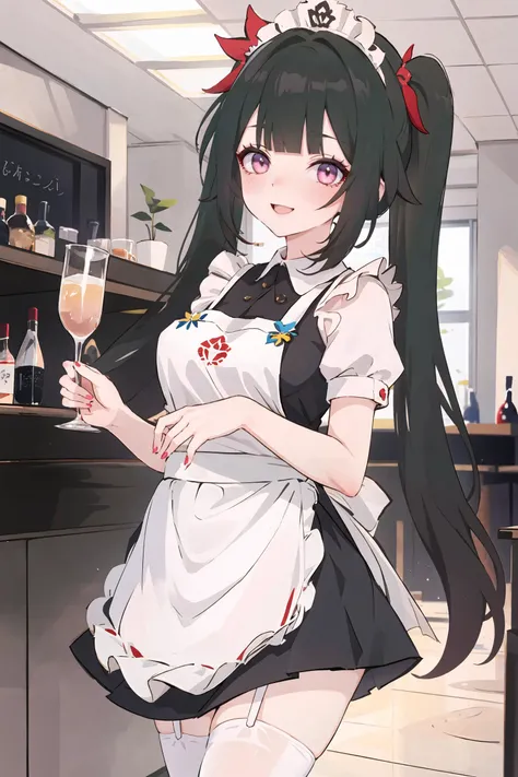 1girl, sparkle \(honkai: star rail\), twintails, solo, maid, maid headdress, maid apron, thighhighs, looking at viewer, high heels, (skirt hold, curtsey: 1.2), bar \(place\), indoors, depth of field, gasping, ecstasy, seductive smile, <lora:face-sensualface_type2:0.8>, masterpiece