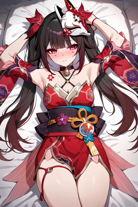 masterpiece, best quality, illustration, highres, ultra-detailed, 1girl, sparkle \(honkai: star rail\), twintails, hair ornament, solo, off shoulder kimono, mask on head, detached sleeves, choker, obi, single glove, wristband, criss-cross halter, thigh strap, cowboy shot, lying, bed sheet, looking at viewer, shy, blush, wavy mouth, arms up, blush <lora:Char-HonkaiSR-Sparkle-XL-V1:0.9>