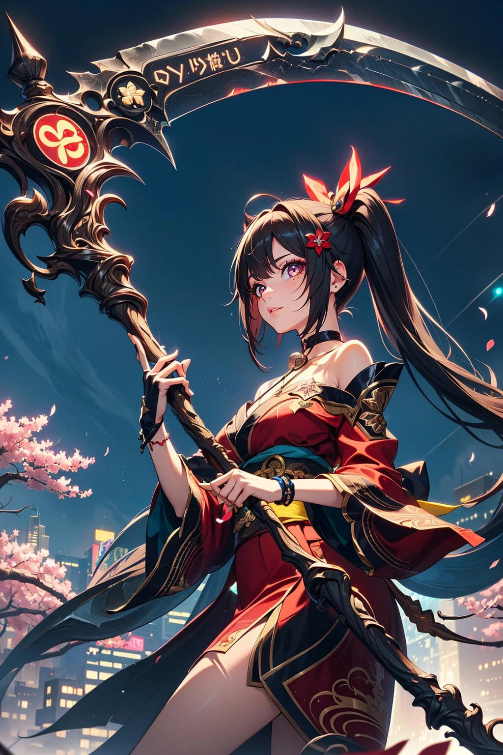 solo, masterpiece, hires,high resolution, best quality, (action shot), sparkle \(honkai: star rail\), twintails, hair ornament, off shoulder kimono, detached sleeves, choker, obi, single glove, wristband, criss-cross halter, <lora:Char-HonkaiSR-Sparkle-V2:0.5>, DonM5cy7h3, (neon scythe:1.5), crescent blade, single blade, (weilding a huge scythe, holding in her hands:1.3), weapon, (magical, whimsical, fairytale, fantasy:1.3), <lora:DonM5cy7h3:0.8>, looking at viewer, photoshoot, in a cherry blossom garden, nighttime, fireworks in the sky