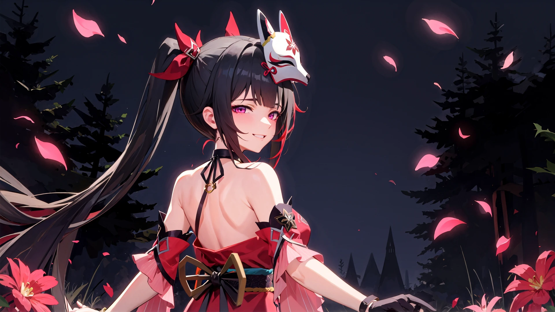 high quality, masterpiece, highres,
The background of the image is dark and atmospheric, with a focus on the character dimly illuminated by soft glow. limited lighting,
red petals floating in the air, red flowers, in forest, (night:1.3),
wristband, black gloves,
BREAK
1girl, solo, sparkle \(honkai: star rail\), black hair, (twintails:1.1), hair ornament, (mask on head:1.1),
off shoulder kimono, criss-cross halter, detached sleeves, choker,
<lora:Char-HonkaiSR-Sparkle-V2:0.8>
upper body, (from behind:1.3),
looking back, (looking at viewer:1.3), (seductive smile:1.3), <lora:sensualface_type4:1.5>,
finger to mouth, smile,
BREAK