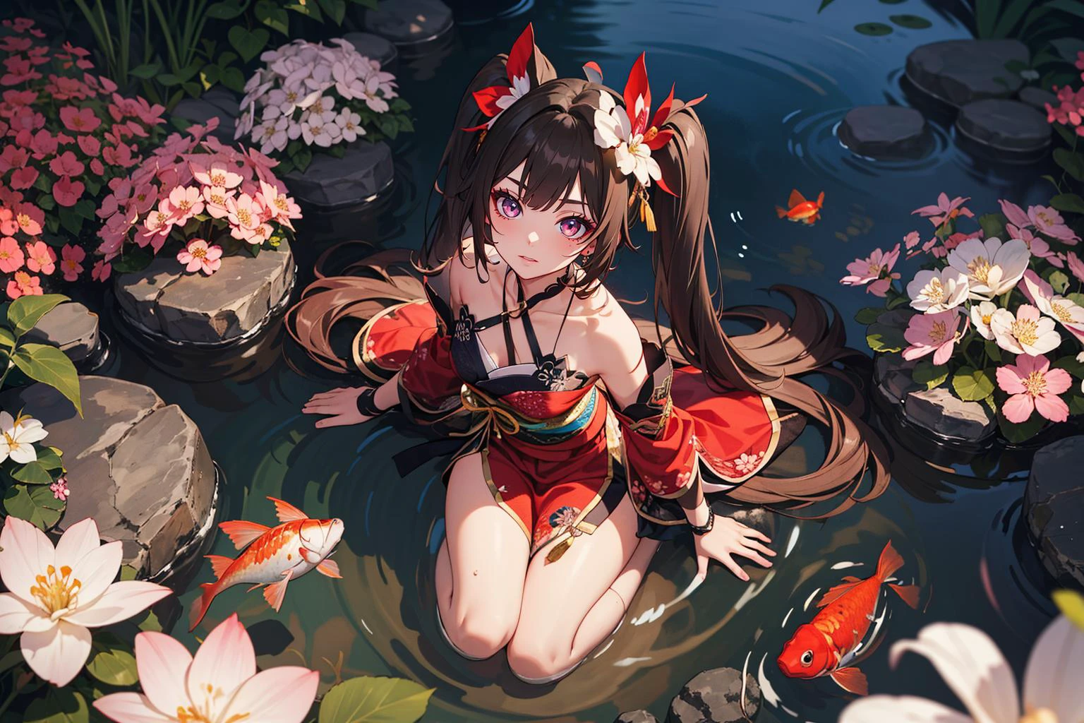 solo, masterpiece, hires,high resolution, best quality, (from above, looking up at viewer), sparkle \(honkai: star rail\),  twintails, hair ornament, off shoulder kimono, mask on head, detached sleeves, choker, obi, single glove, wristband, criss-cross halter, <lora:Char-HonkaiSR-Sparkle-V2:0.5>, looking at viewer, photoshoot, in a cherry blossom garden, kneeling by the pond, goldfish swimming in the water, nighttime