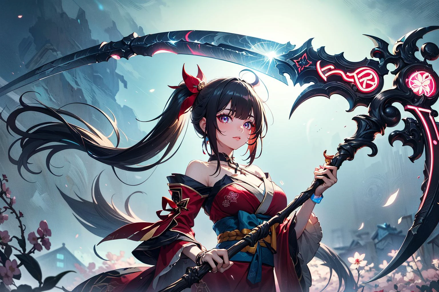 solo, masterpiece, hires,high resolution, best quality, (action shot), sparkle \(honkai: star rail\), twintails, hair ornament, off shoulder kimono, mask on head, detached sleeves, choker, obi, single glove, wristband, criss-cross halter, <lora:Char-HonkaiSR-Sparkle-V2:0.5>, DonM5cy7h3, (neon scythe:1.5), crescent blade, single blade, (weilding a huge scythe, holding in her hands:1.3), weapon, (magical, whimsical, fairytale, fantasy:1.3), <lora:DonM5cy7h3:0.8>, looking at viewer, photoshoot, in a cherry blossom garden, nighttime, fireworks in the sky