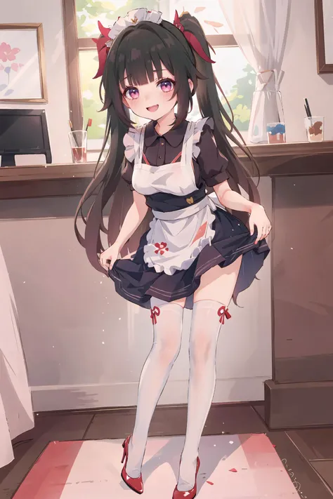 1girl, sparkle \(honkai: star rail\), twintails, solo, maid, maid headdress, maid apron, thighhighs, looking at viewer, high heels, (skirt hold, curtsey: 1.2), bar \(place\), indoors, depth of field, gasping, ecstasy, seductive smile, <lora:face-sensualface_type2:0.8>, masterpiece