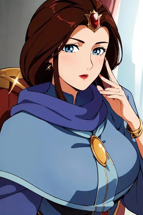 blue and red outfit,long sleeves, a blue scarf around her neck,
<lora:Maria_Pure_Armonia_V_Gundam-KK77-V1:0.7>,jewelry,gem,bracelet,crown,
brown hair,blue eyes,Long hair,lipstick,
1 girl, 20yo,Young female,Beautiful Finger,Beautiful long legs,Beautiful body,Beautiful Nose,Beautiful character design, perfect eyes, perfect face,expressive eyes, looking at viewer, in the center of the image,(light_smile:0.5), official art,extremely detailed CG unity 8k wallpaper, perfect lighting,Colorful, Bright_Front_face_Lighting,shiny skin, (masterpiece:1.0),(best_quality:1.0), ultra high res,4K,ultra-detailed, photography, 8K, HDR, highres, absurdres:1.2, Kodak portra 400, film grain, blurry background, bokeh:1.2, lens flare, (vibrant_color:1.2) (Beautiful,large_Breasts:1.0), (beautiful_face:1.5),(narrow_waist)