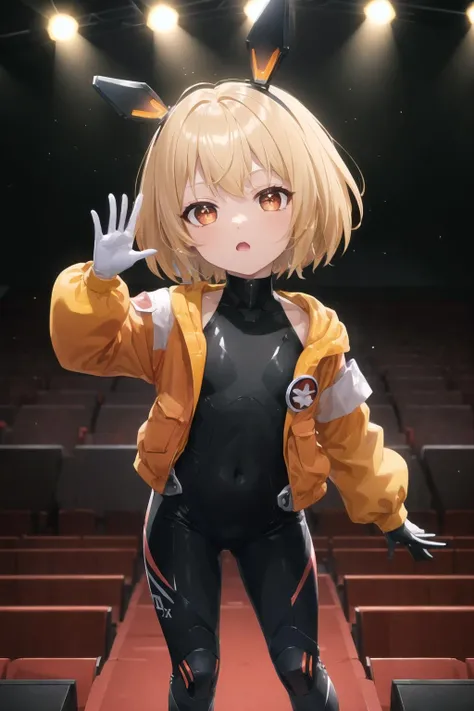 miya_1,<lora:mia_maid_32-000016:0.7>,orange jacket,chibi,short hair,headgear,standing,waving,outdoors,black bodysuit,black gloves,two-tone gloves,white glove,facing the audience,looking at viewer,white_shirt,, masterpiece, best quality,