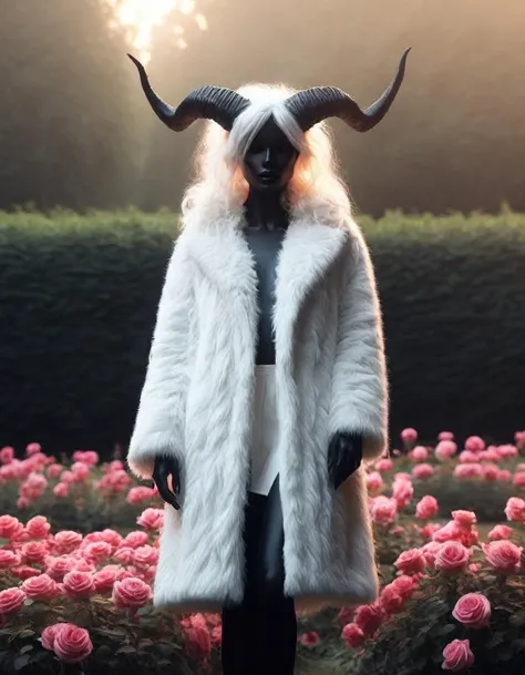 walking through a rose garden, a dark demon girl with black horns, (pitch black eyes, cosmic black:1), , bright bleach white tips hair , well lit , very skinny, (wearing large white fluffy fur coat:1.3), cosmic pattern on skin , <lora:BD1.1-000009:1>, <lora:add-detail-xl:.4>intricate detail, (raw photo:1.4), (photorealistic:1.3), best quality, highest quality, extremely detailed CG unity 8k wallpaper, detailed and intricate, original,highres, ,realistic:1.3,(ambient light:1),(neon lights:0.1),(HDR:1),