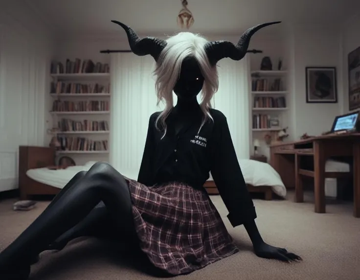 score_9_up, score_8_up, score_7_up, 
1girl, solo, <lora:bdemonpony011:1>, colored skin, pale skin, black skin, black hands, black feet, red eyes, black iris, monster girl, skinny, slim, horns, white hair,  
chain necklace, cross necklace, bracelets, white shirt and plaid skirt, 
indoors, dark black room, music decorations, 80's punk style, solo,  <lora:Skin Color_alpha1.0_rank4_noxattn_250steps:2.0>