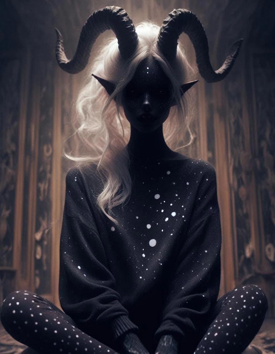 in an empty classroom , a dark demon girl with black horns, (pitch black eyes, cosmic black:1), , bright bleach white tips hair , well lit , very skinny, wearing a (over sized sweater, and polka dot leggings:1.3) cosmic pattern on skin , <lora:BD1.1-000009:1>, <lora:add-detail-xl:.4>intricate detail