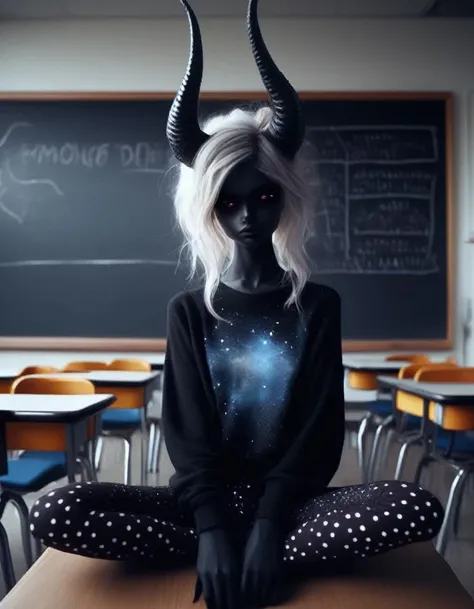 in an empty classroom , a dark demon girl with black horns, (pitch black eyes, cosmic black:1), , bright bleach white tips hair , well lit , very skinny, wearing a (over sized sweater, and polka dot leggings:1.3) cosmic pattern on skin , <lora:BD1.1-000009:1>, school classroom, desks and chairs, chalkboard,, <lora:add-detail-xl:.4>intricate detail