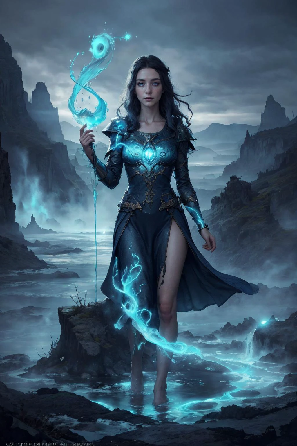 (masterpiece:1.1), (highest quality:1.1), HDR, extreme quality, cg, (negative space), detailed face+eyes, (bright colors), complimentary colors, limited palette,
1 girl, adult (elven:0.7) woman, freckles, grey-blue eyes, black quiff hair,
Style-GravityMagic, solo, upper body, looking away, detailed background, detailed face, (<lora:WitchcraftPunkAI:0.5>, WitchcraftPunkAI theme:1.1), (glowing eyes:1.05), elemental water wizard, surrounded by swirling water, <lora:waterVFX:0.4> whirlpool, fantasy sorcerer clothes, walking, floating particles, concentrating, mystical glowing, water, vapor, river in background, cliffs, backlighting, cinematic atmosphere,