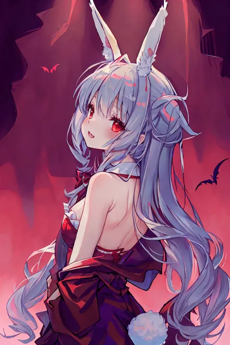 ((bunny tail)), 4k, ((masterpiece),(best quality),(ultra-detailed)), bloody vampire fangs,, looking over shoulder, long dress, portrait, bunny ears <lora:WitchcraftPunkAI:1>