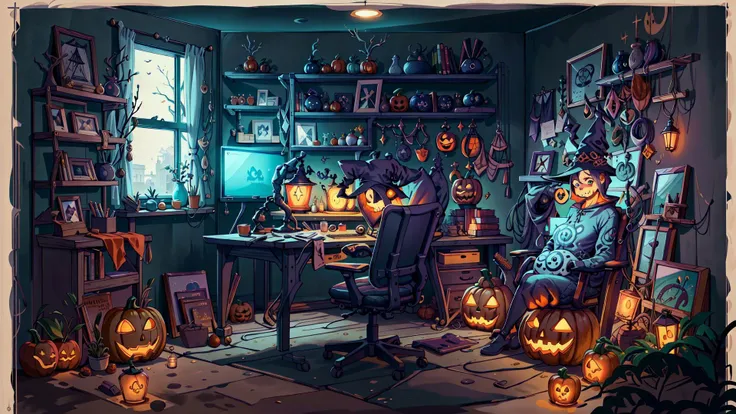 pumpkin,(masterpiece:1.3 best quality:1.2 high quality:1.1),jack-o'-lantern,indoors,realistic,computer,window,gaming chair,depth of field,bookshelf,highres,absurdres,incredibly absurdres,huge filesize,wallpaper,parody,<lora:WitchcraftPunkAI:1>, WitchcraftPunkAI,